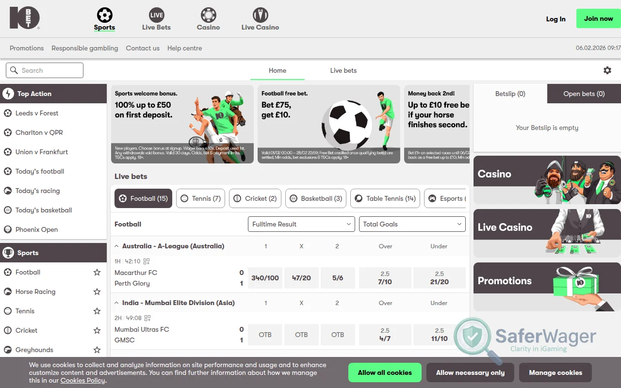 Screenshot of 10bet website