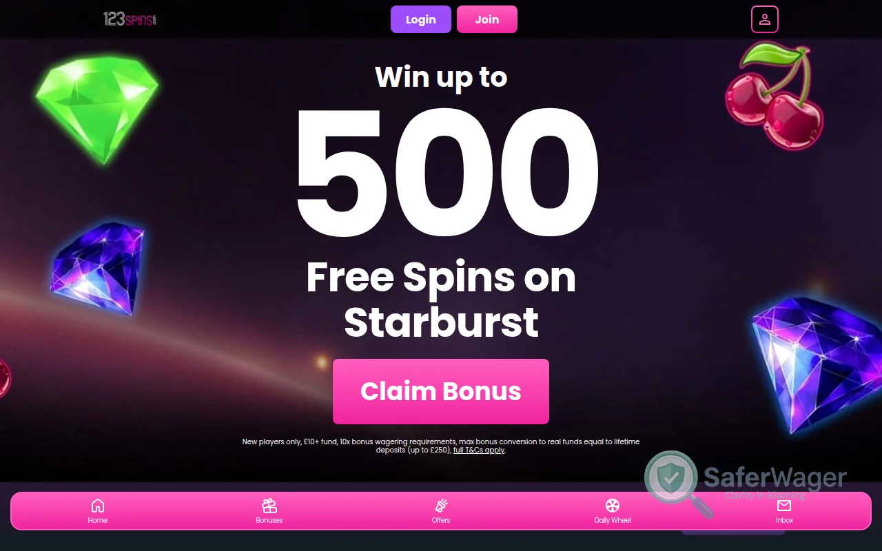 Screenshot of 123Spins website