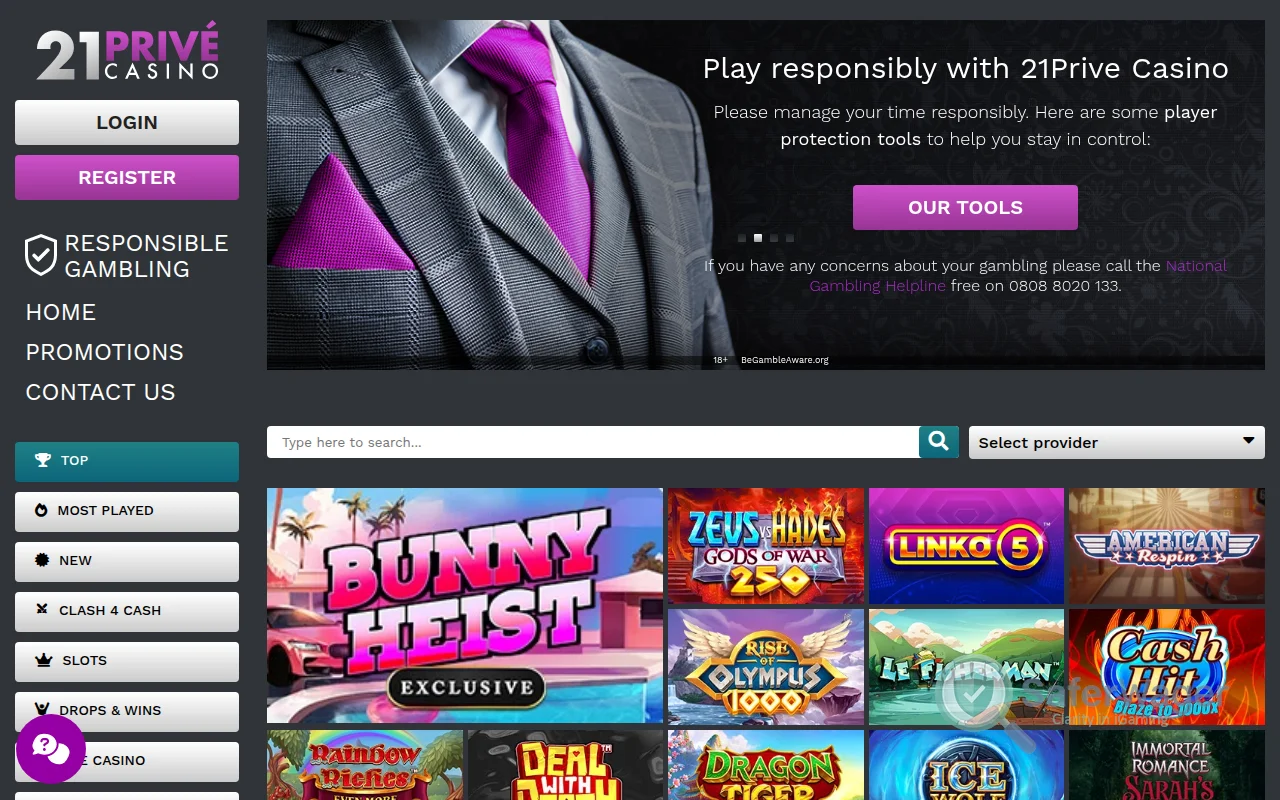 Screenshot of 21 Prive Casino website