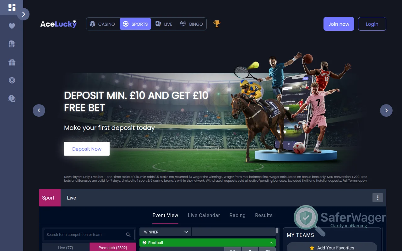 Screenshot of Ace Lucky Casino website