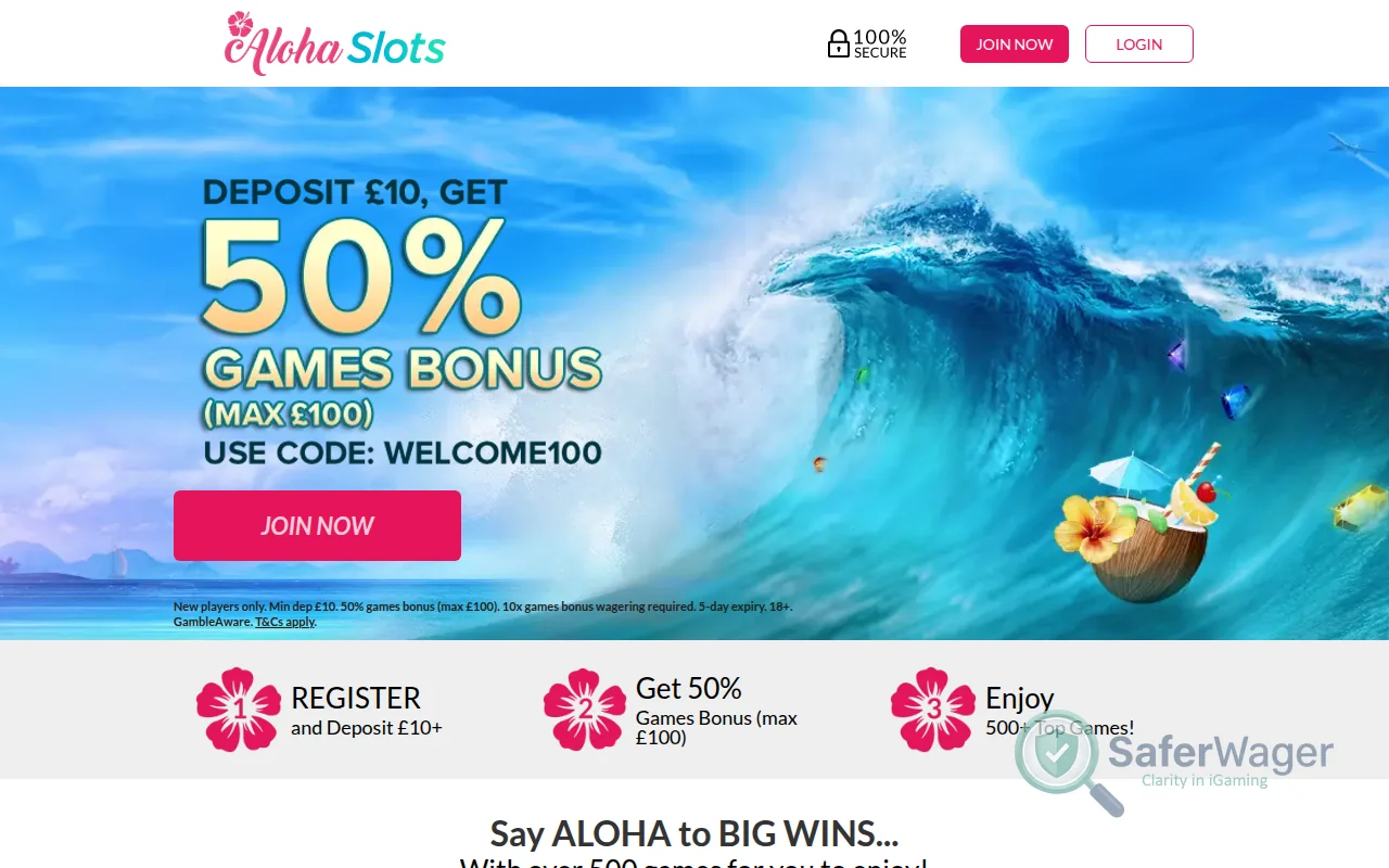 Screenshot of Aloha Slots Casino website