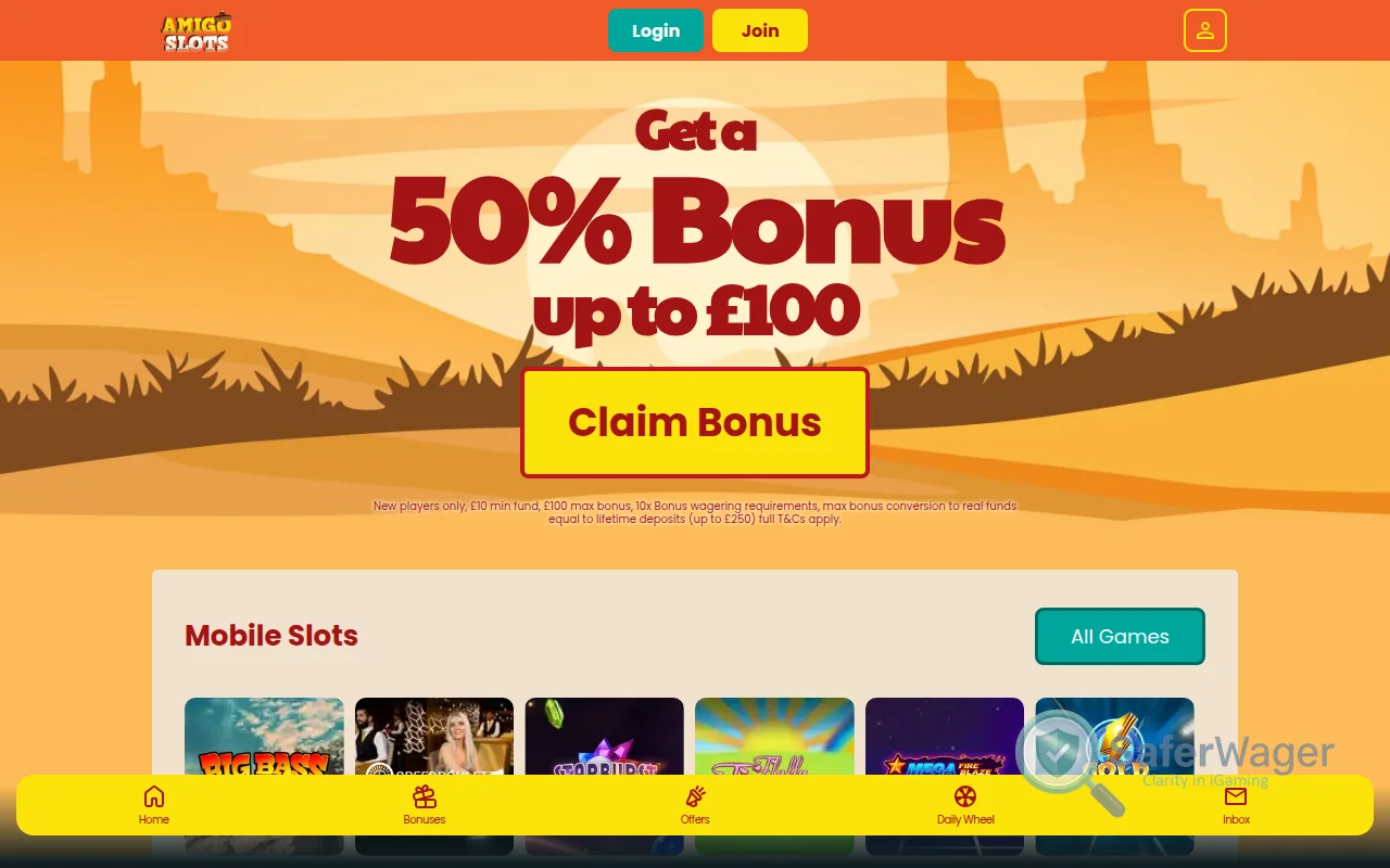 Screenshot of Amigo Slots website