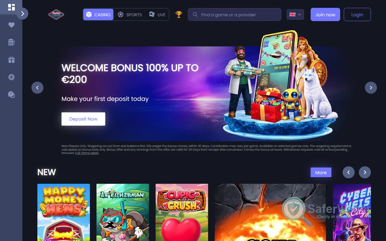 Screenshot of Anytime Casino website