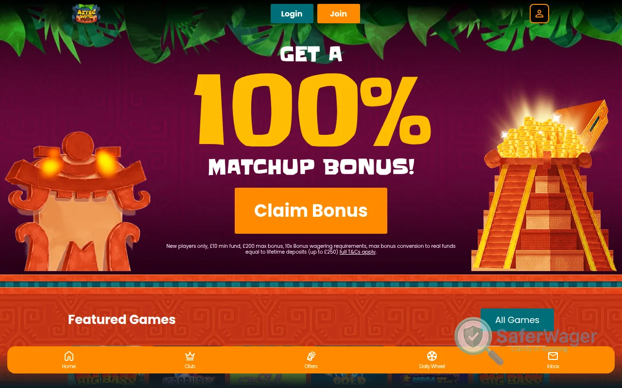 Screenshot of Aztec Wins website