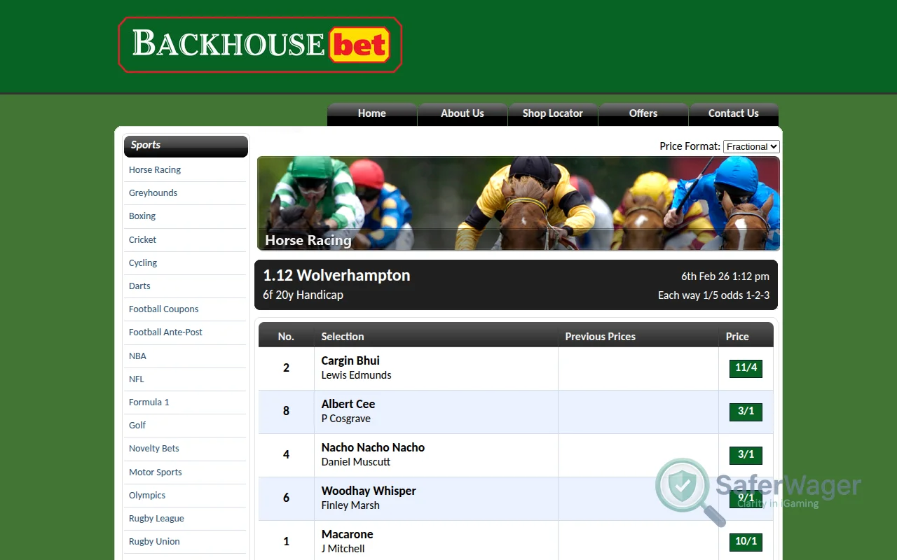 Screenshot of Backhouse Bet website