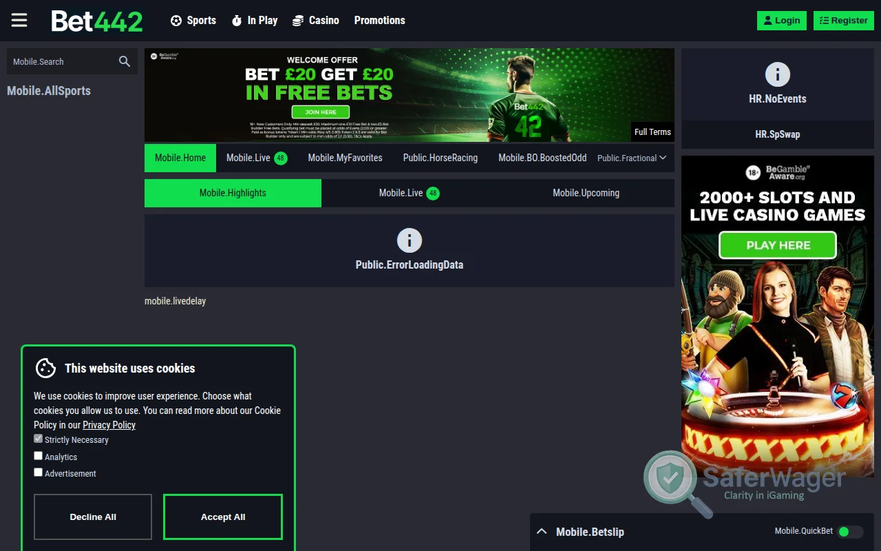 Screenshot of Bet442 website