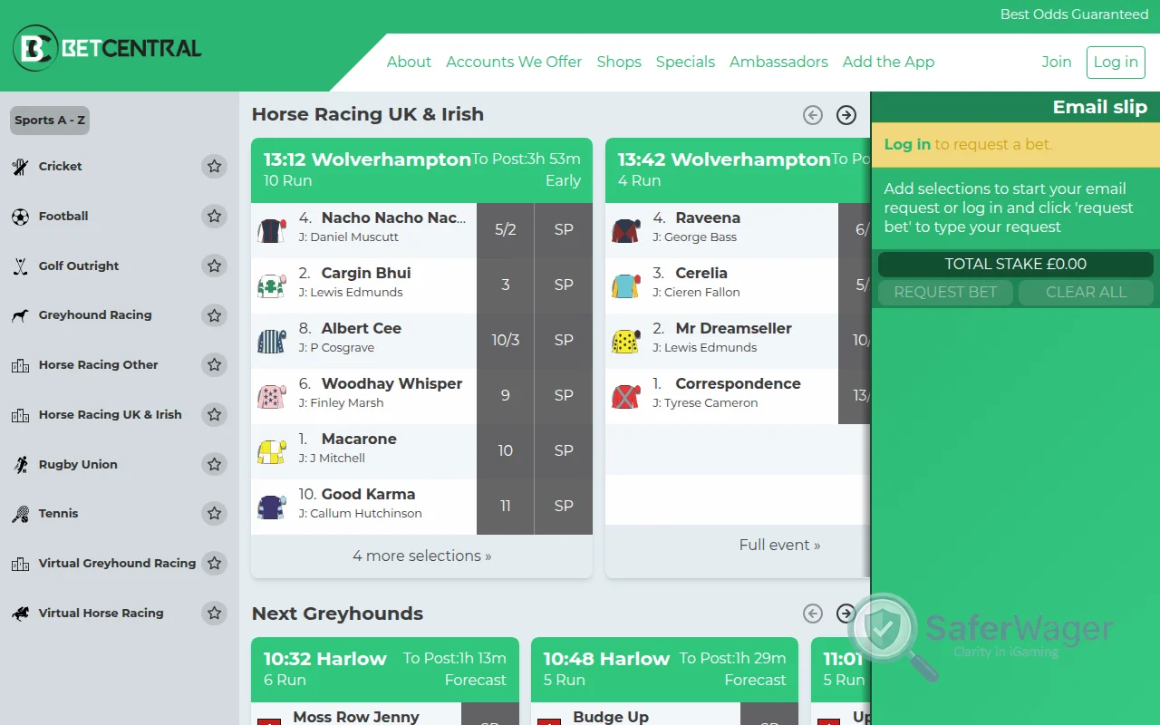 Screenshot of BetCentral website
