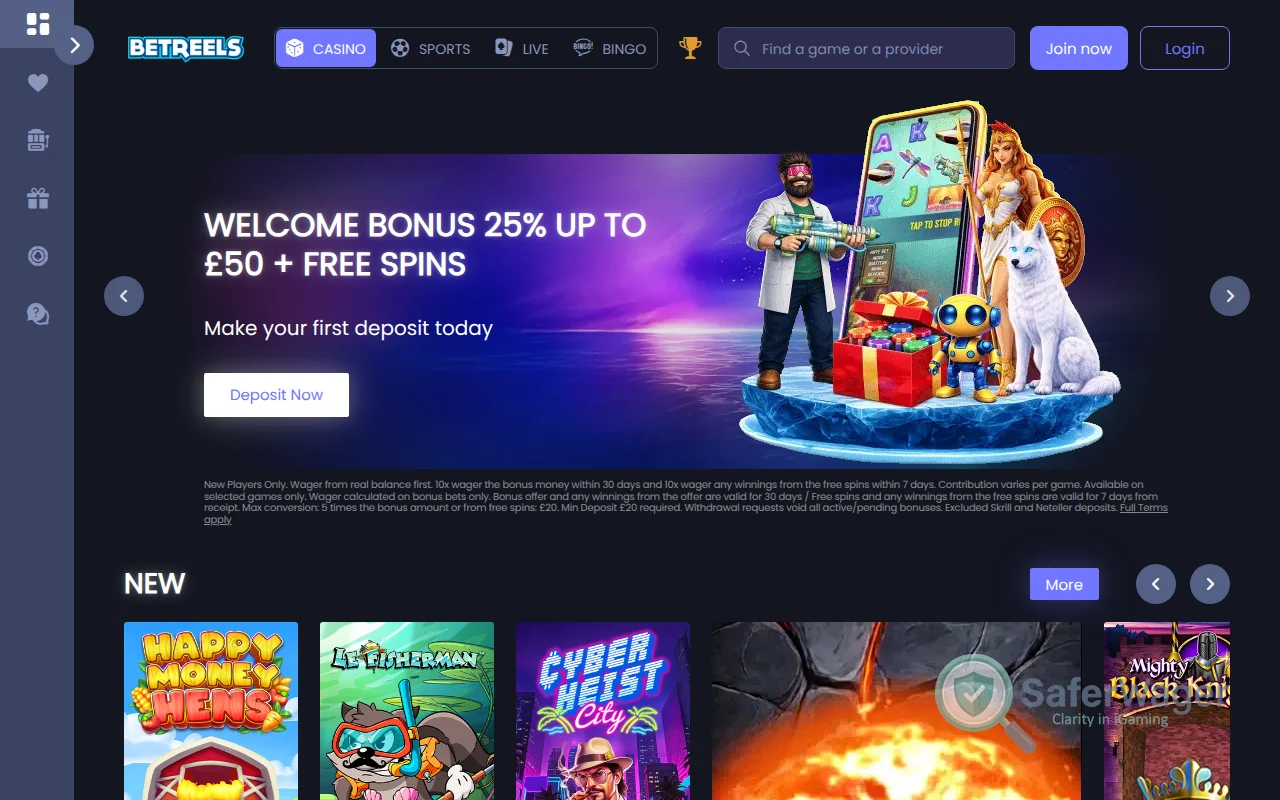 Screenshot of Betreels Casino website