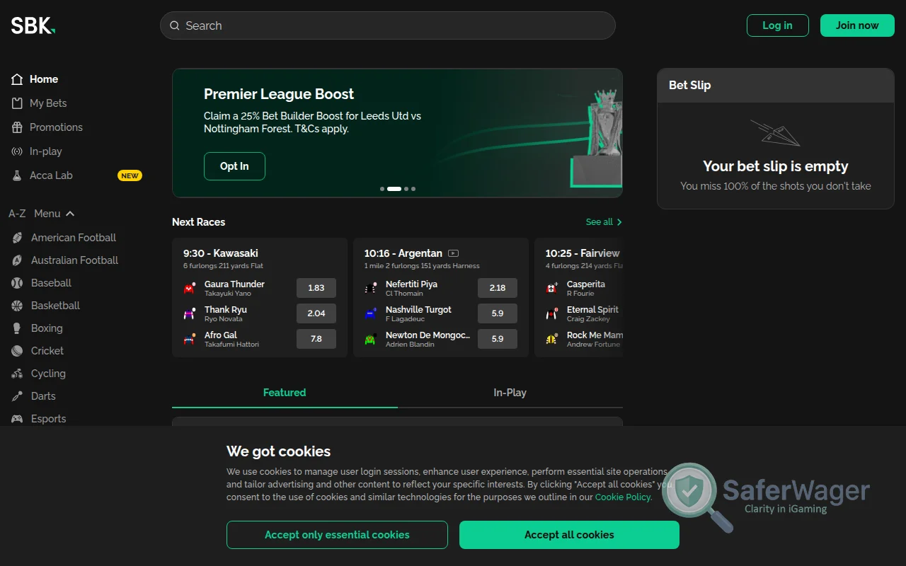 Screenshot of SBK website