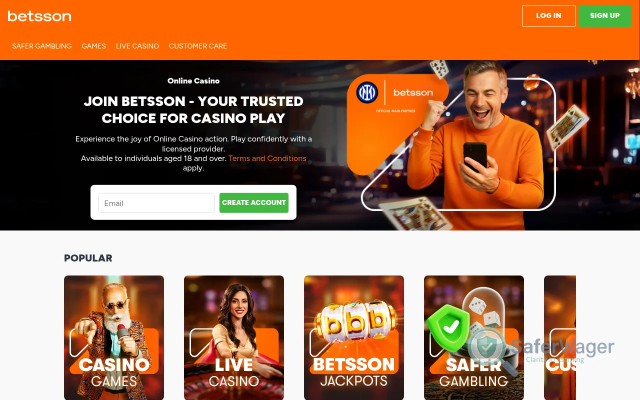 Screenshot of Betsson website