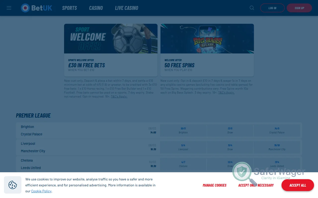 Screenshot of BetUK website