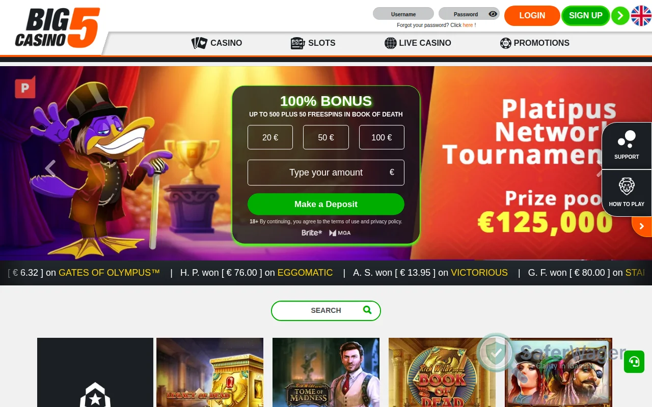 Screenshot of Big5Casino website