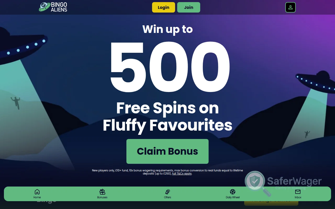 Screenshot of Bingo Aliens website