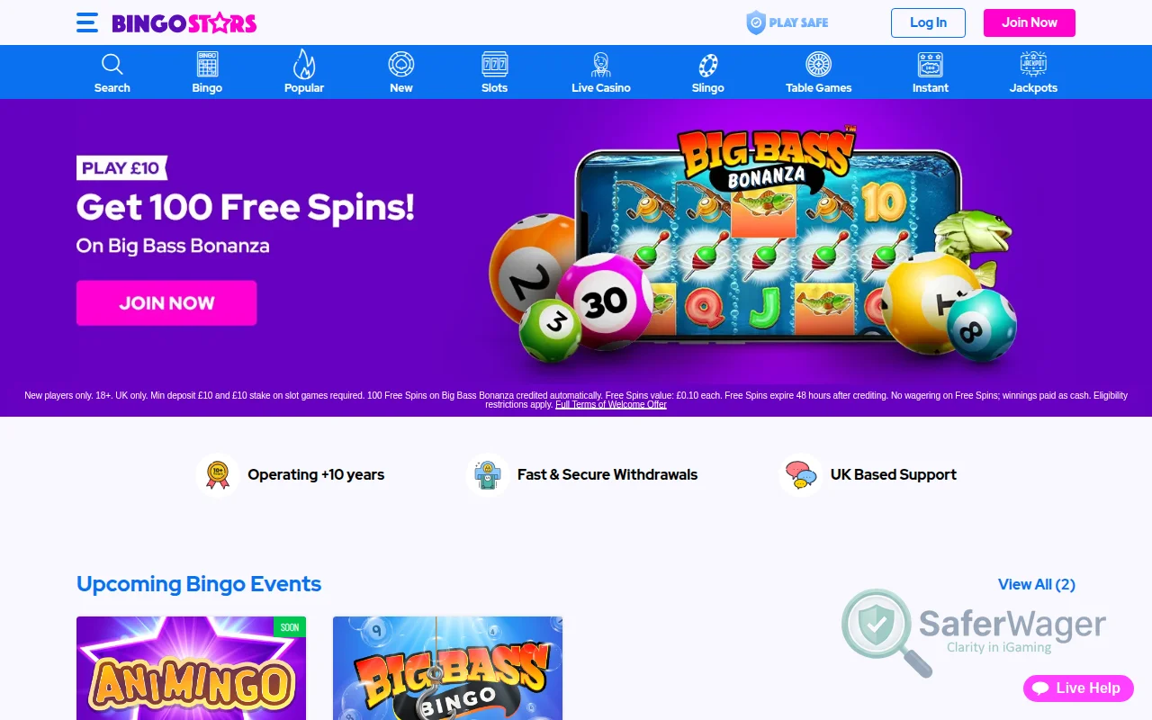 Screenshot of Bingostars website