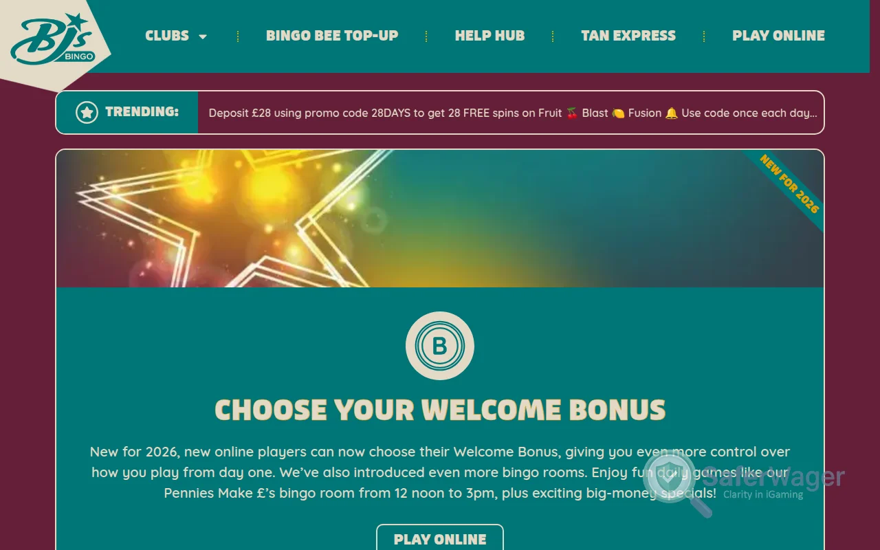 Screenshot of BJ's Bingo website