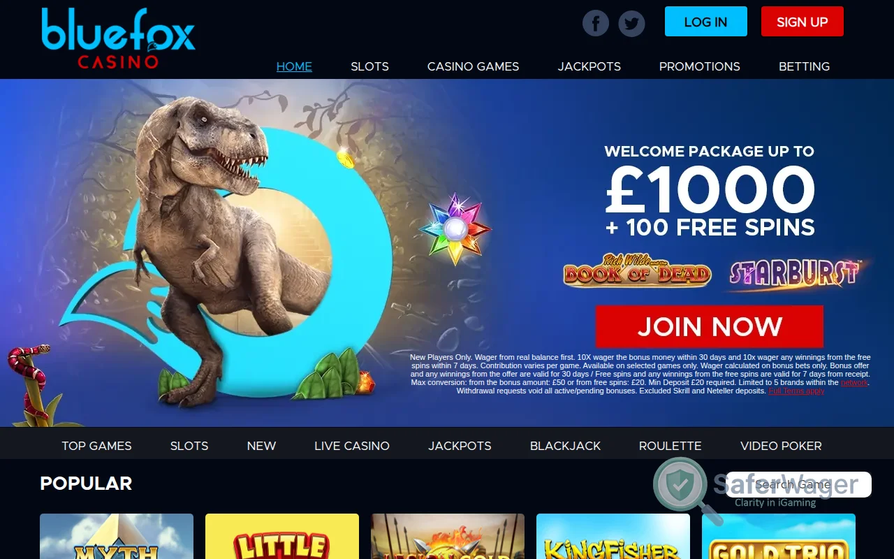 Screenshot of Bluefox Casino website
