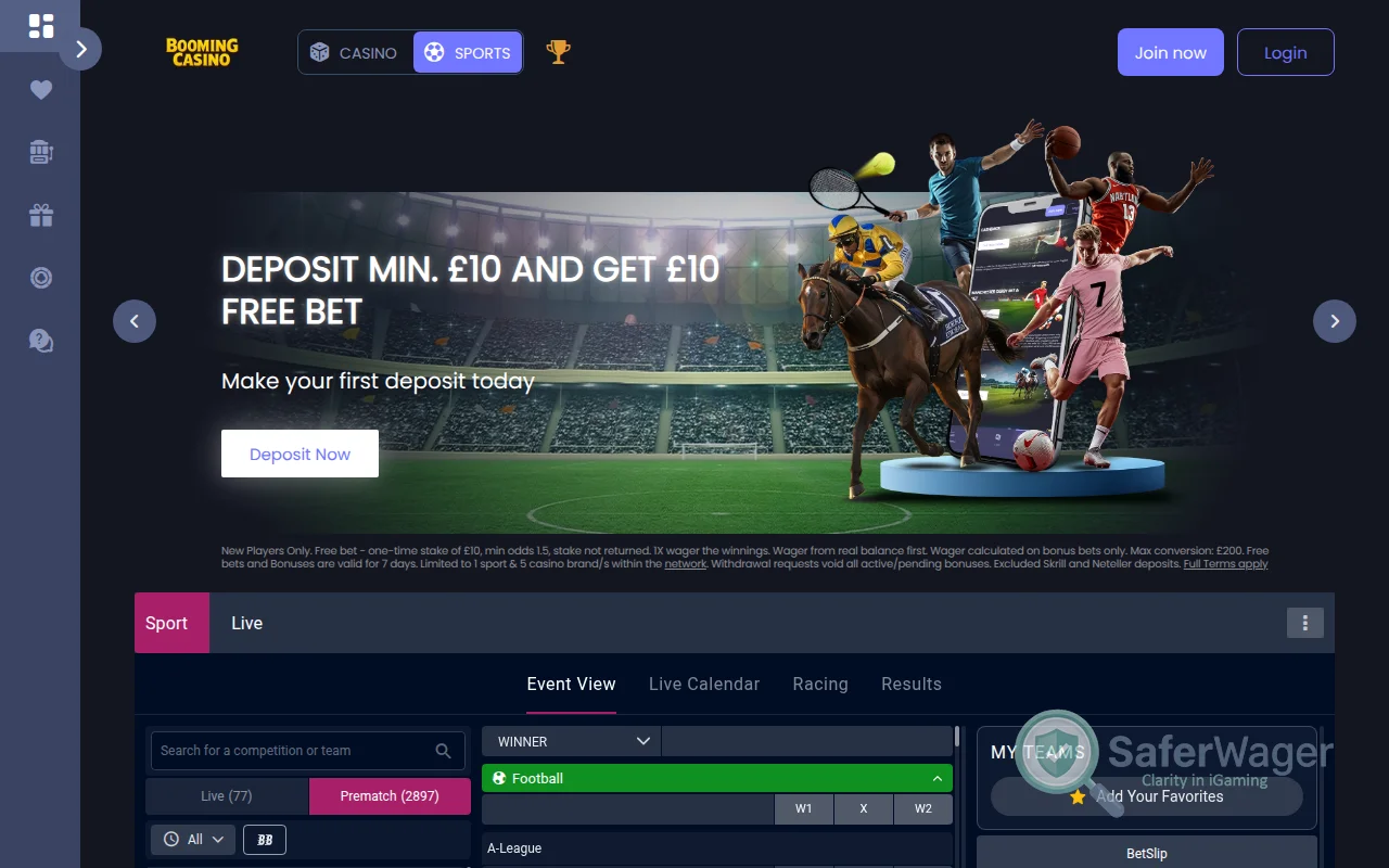 Screenshot of Booming Casino website