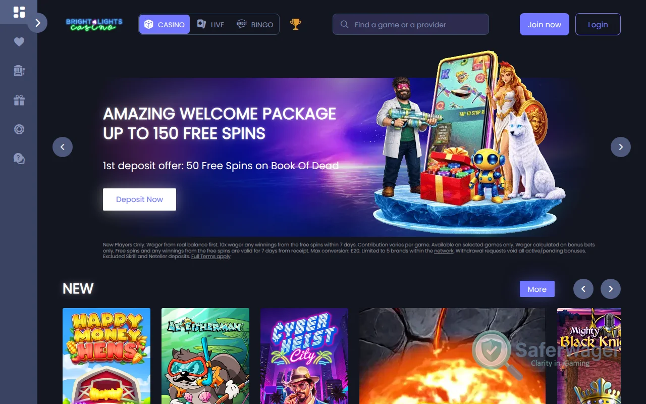 Screenshot of Bright Lights Casino website