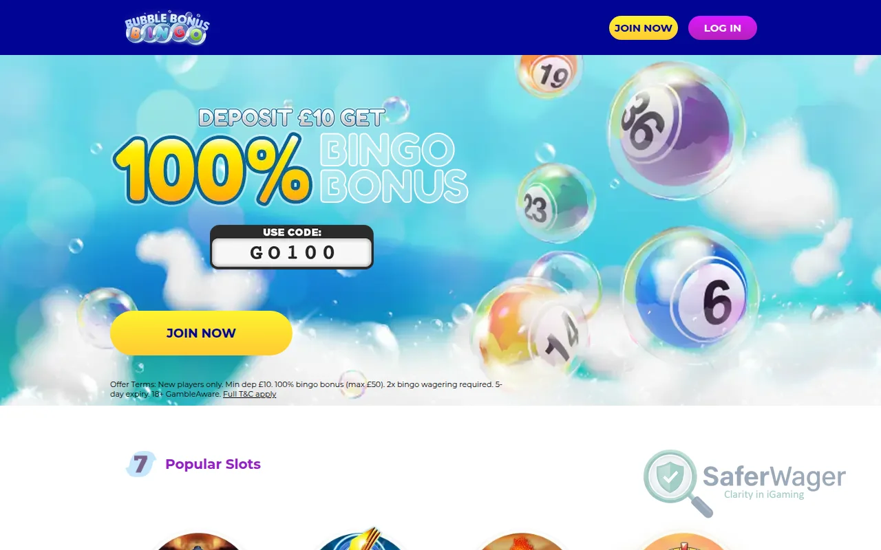 Screenshot of Bubble Bonus Bingo website
