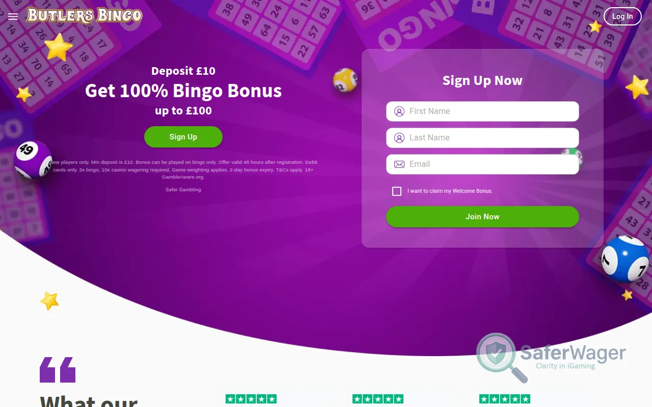 Screenshot of Butlers Bingo website