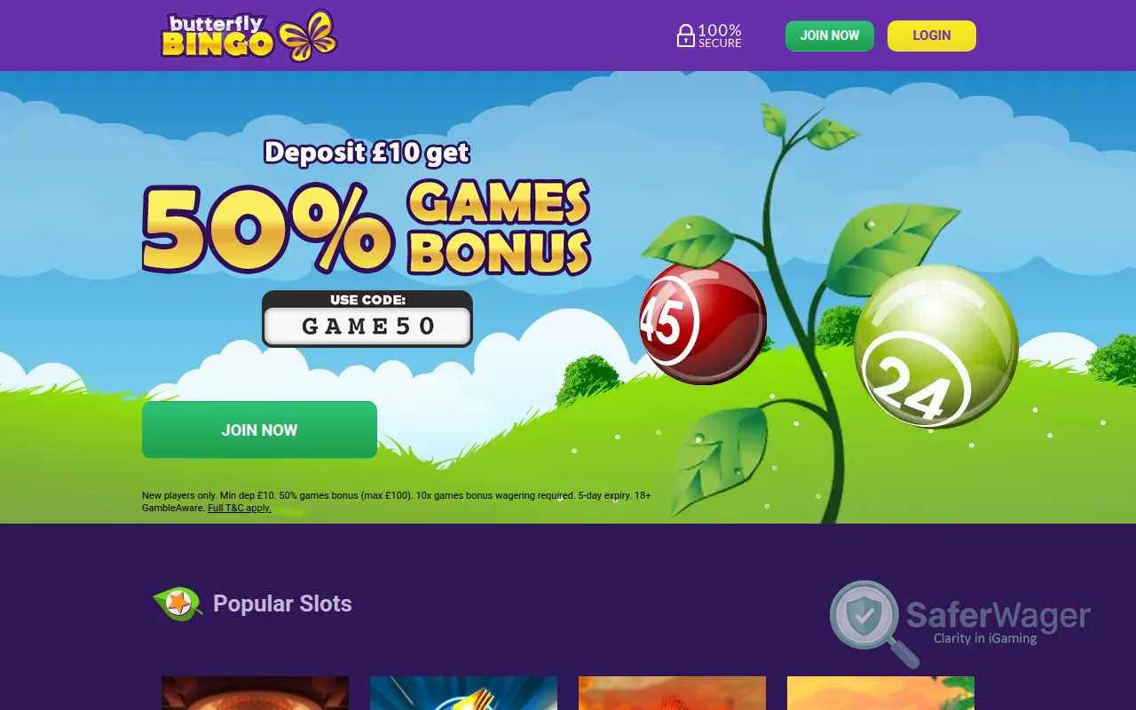 Screenshot of Butterfly Bingo website