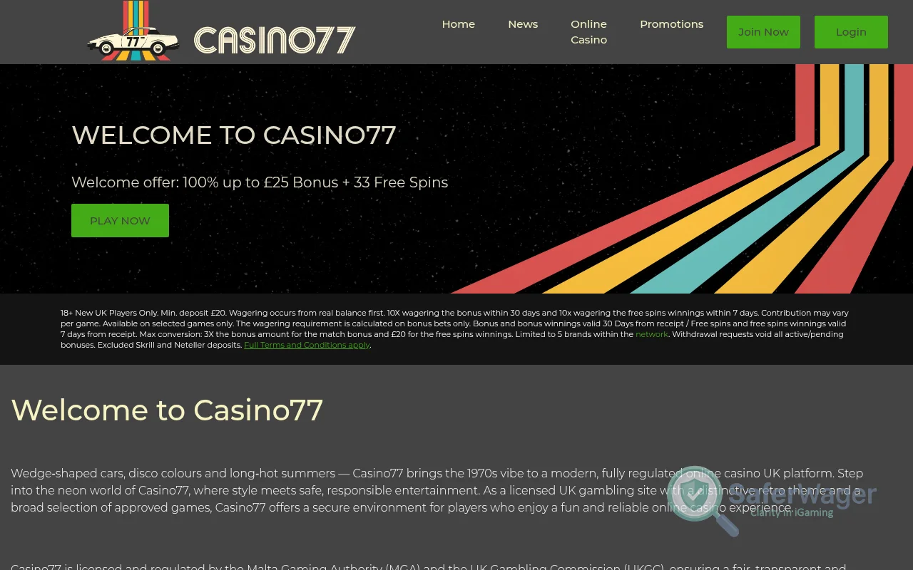Screenshot of Casino77 website