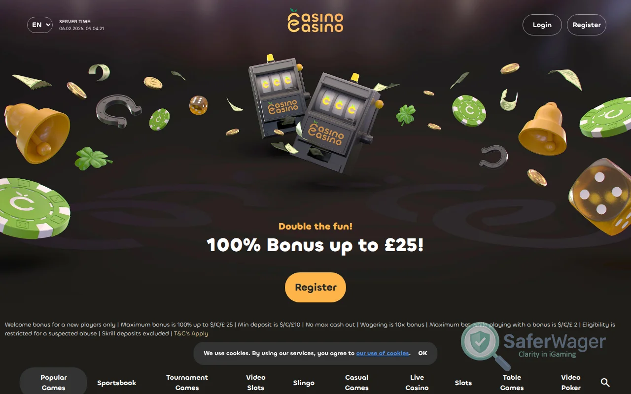 Screenshot of CasinoCasino website