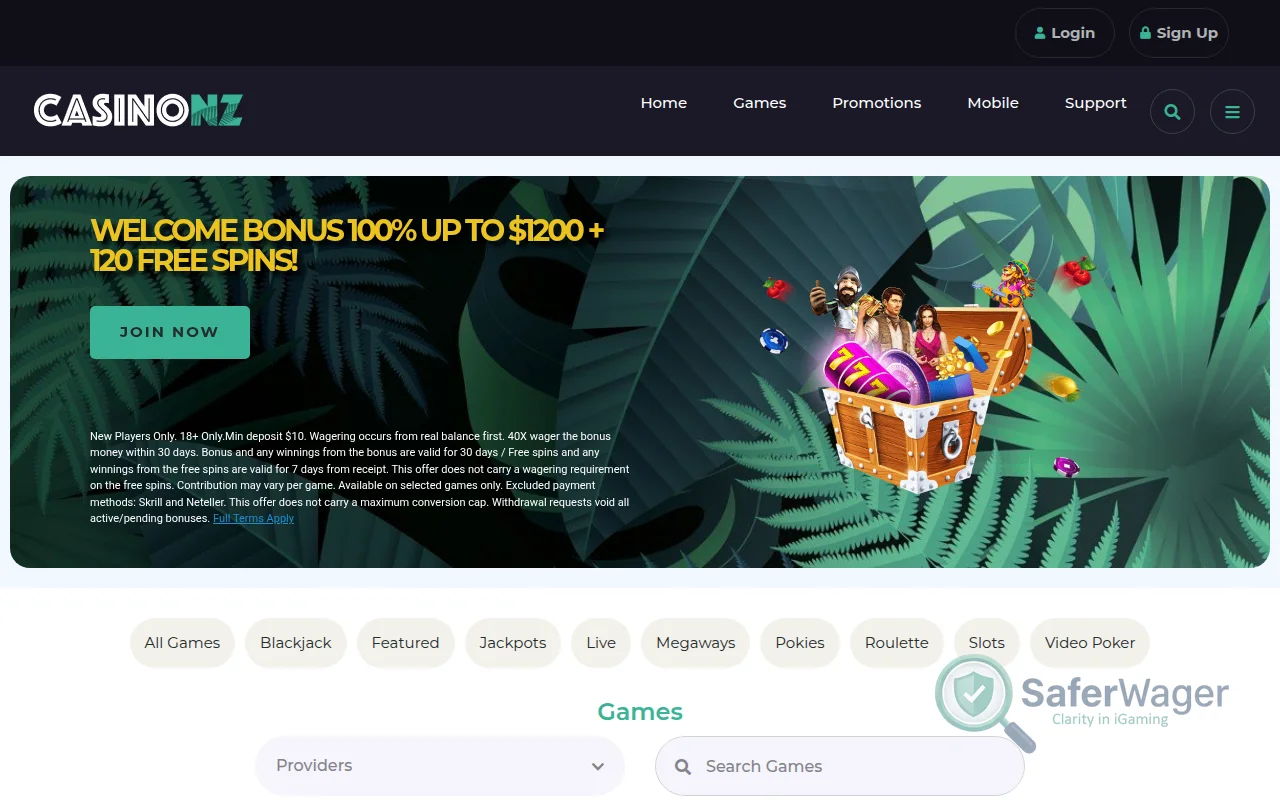 Screenshot of Casino NZ website