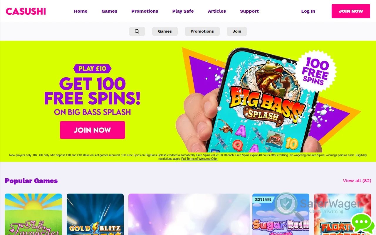 Screenshot of Casushi Casino website