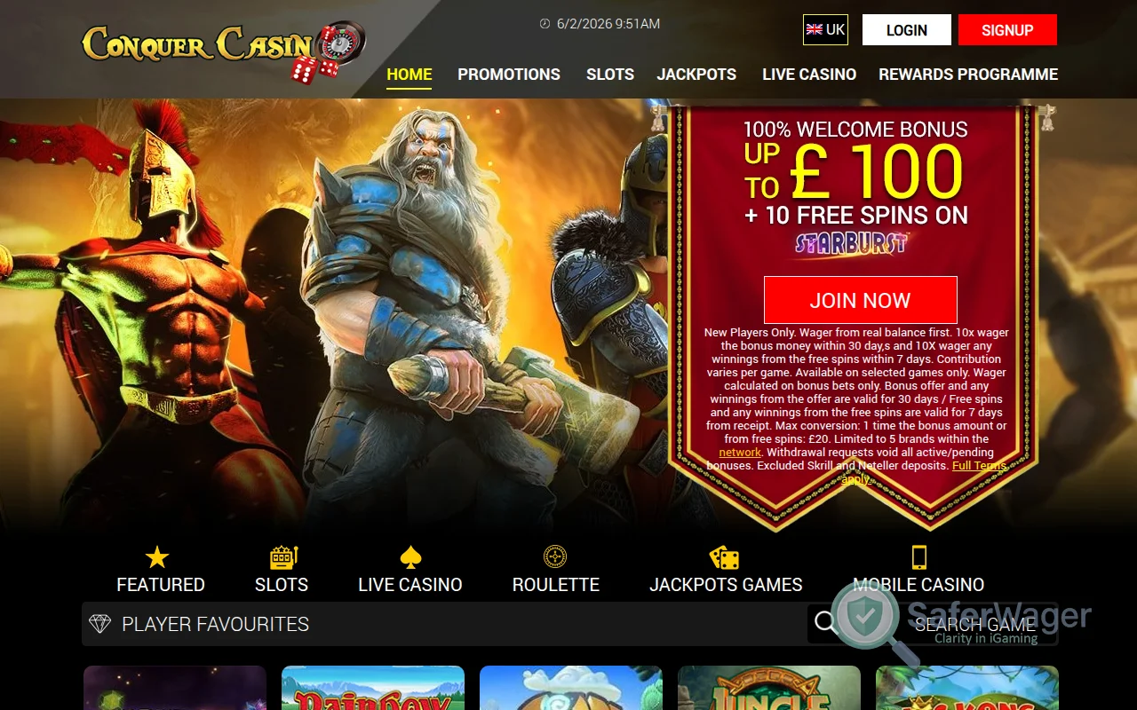 Screenshot of Conquer Casino website