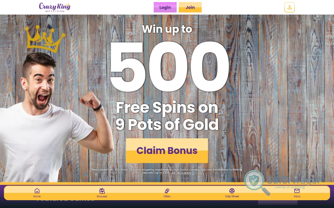 Screenshot of Crazy King Casino website