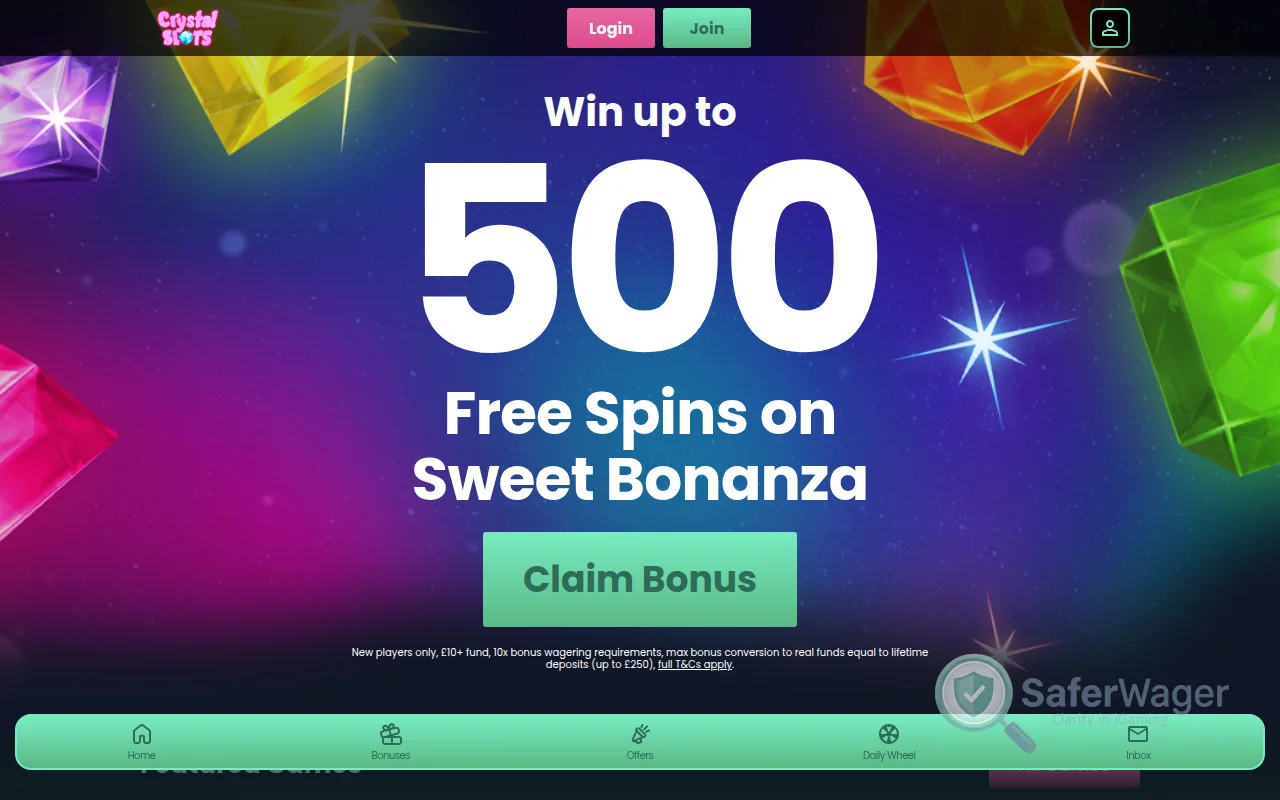 Screenshot of Crystal Slots Casino website