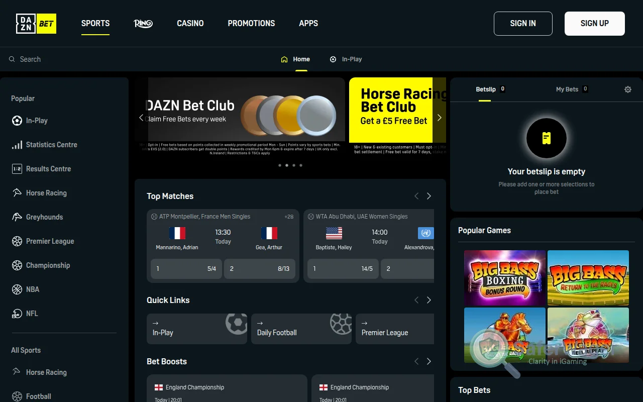 Screenshot of DAZN Bet website
