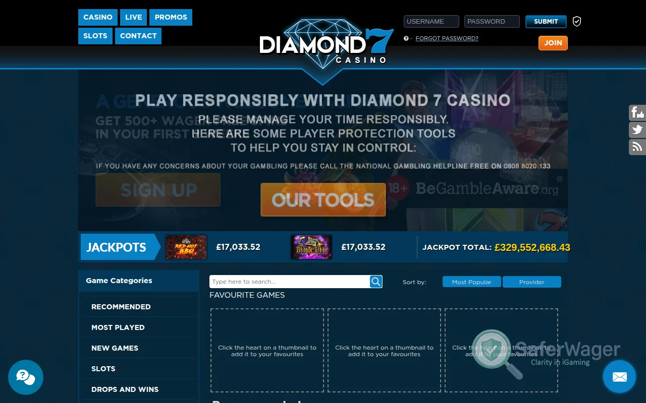 Screenshot of Diamond 7 Casino website