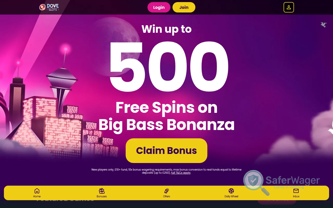 Screenshot of Dove Slots website