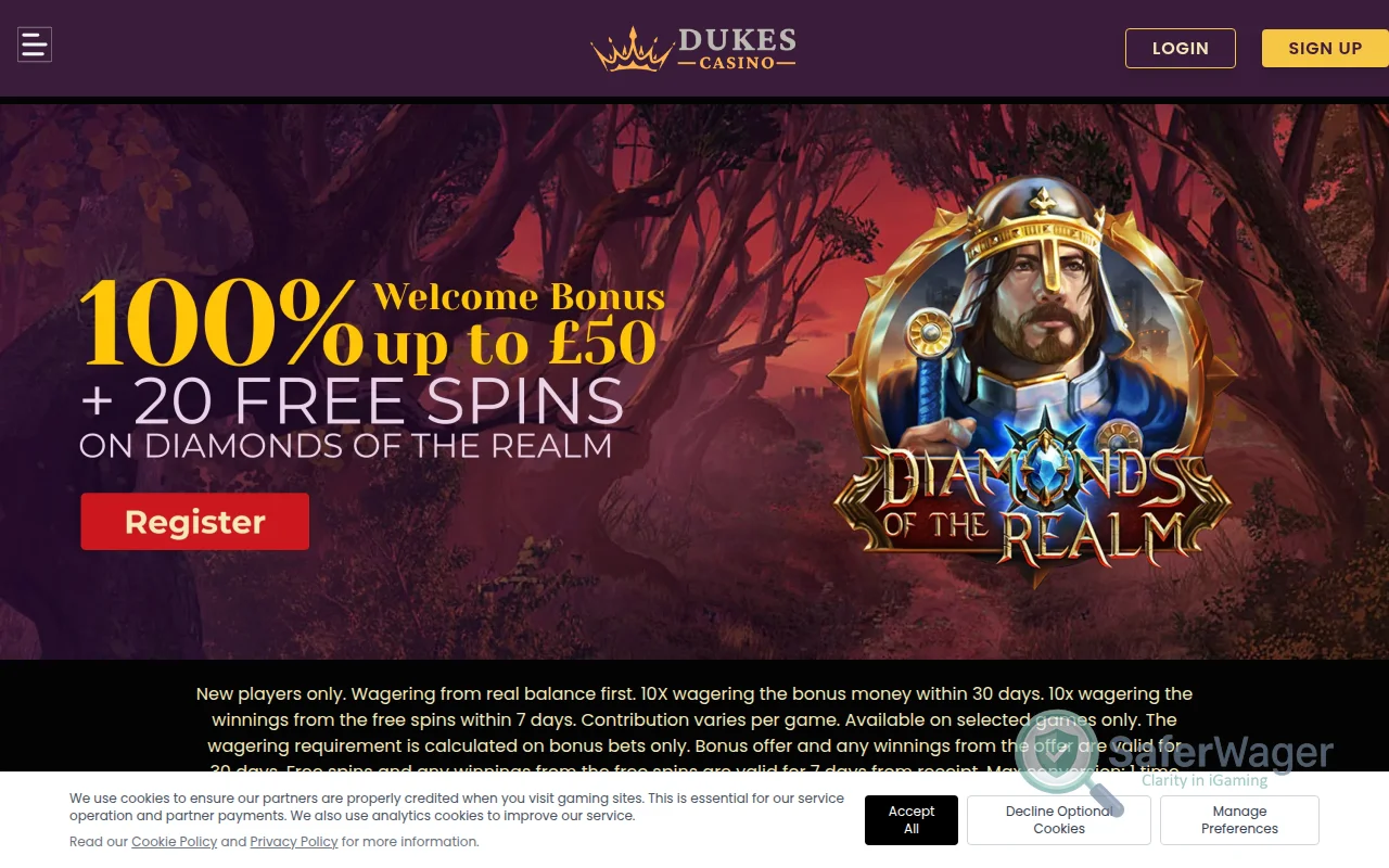 Screenshot of Dukes Casino website