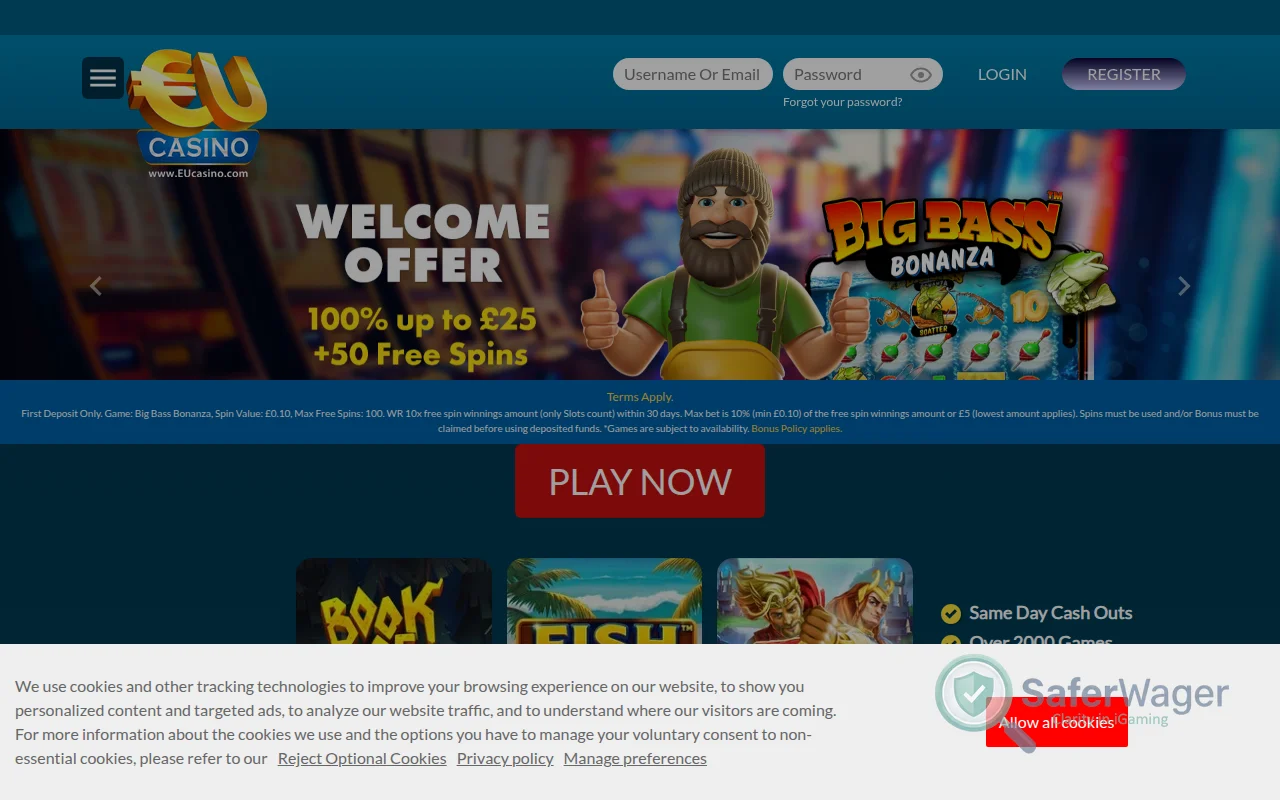 Screenshot of EUcasino website