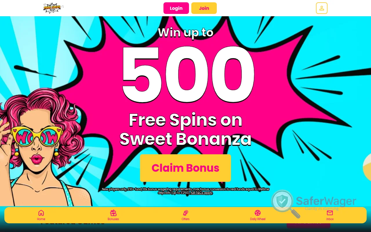 Screenshot of Free Spins Bingo website