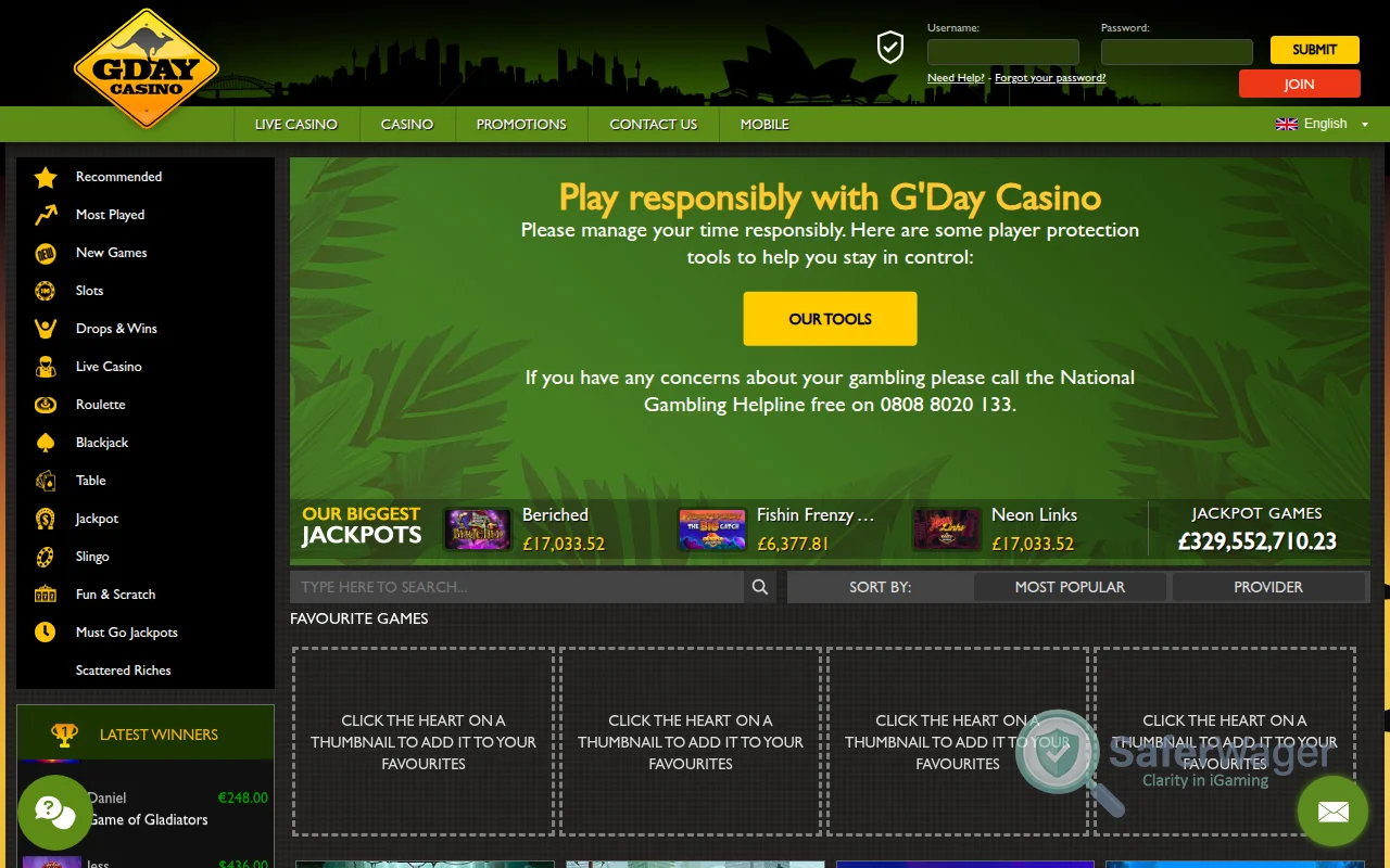 Screenshot of G'Day Casino website