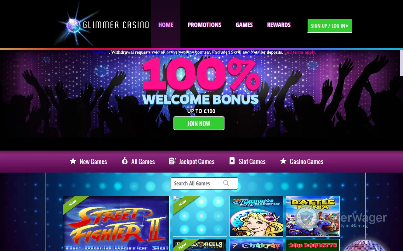 Screenshot of Glimmer Casino website