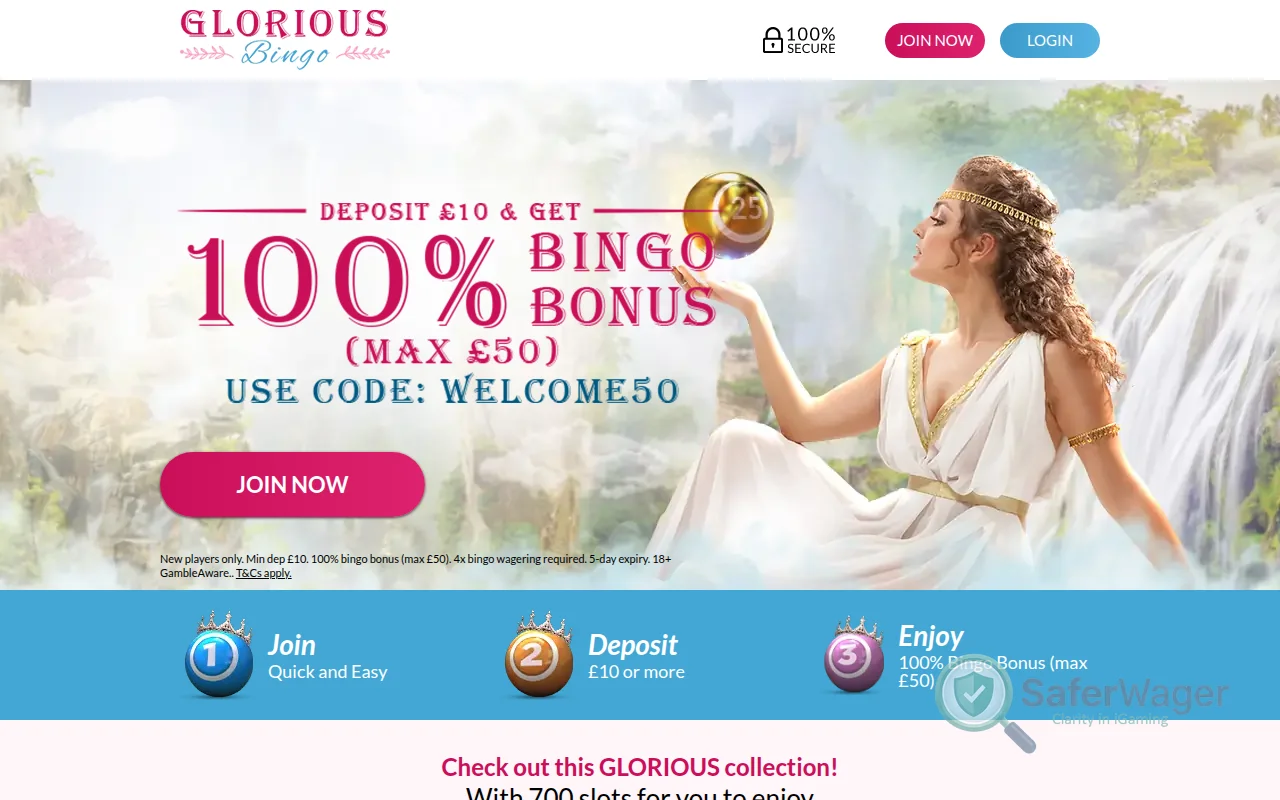Screenshot of Glorious Bingo website