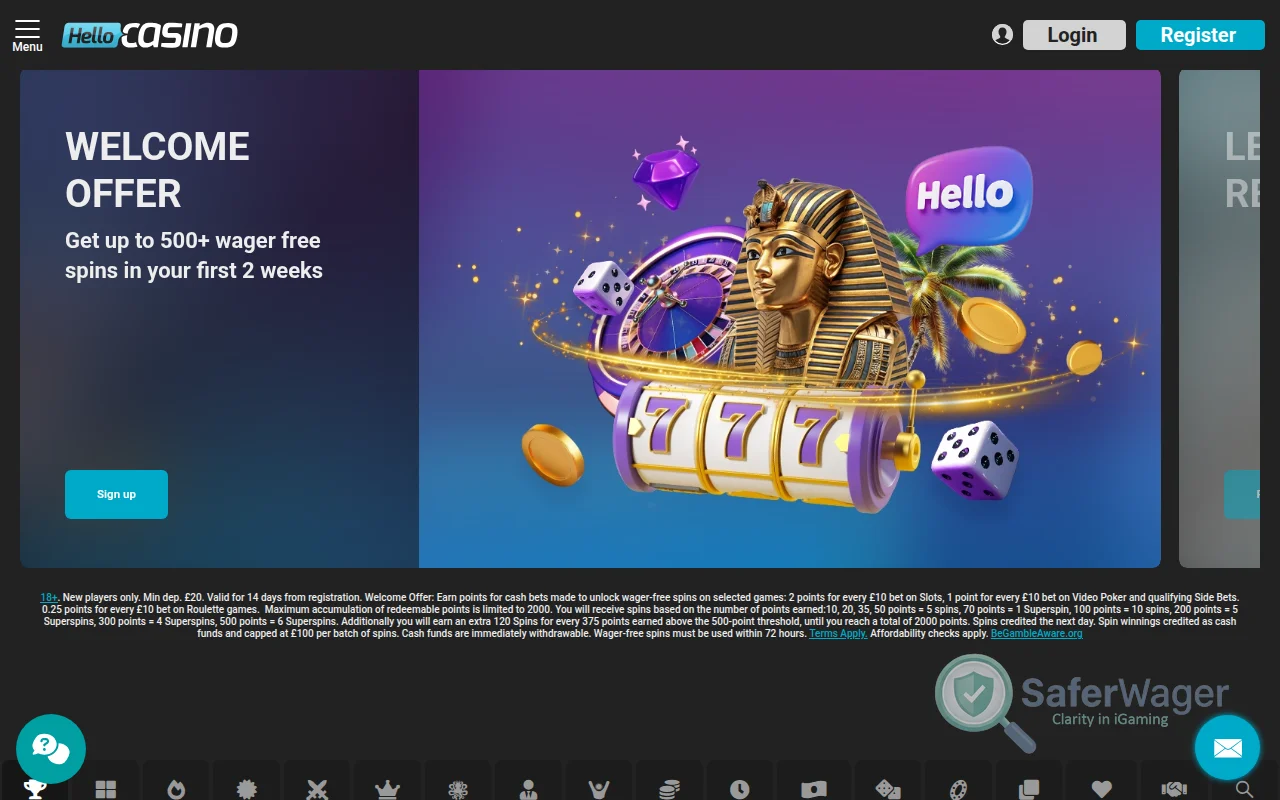 Screenshot of Hello Casino website