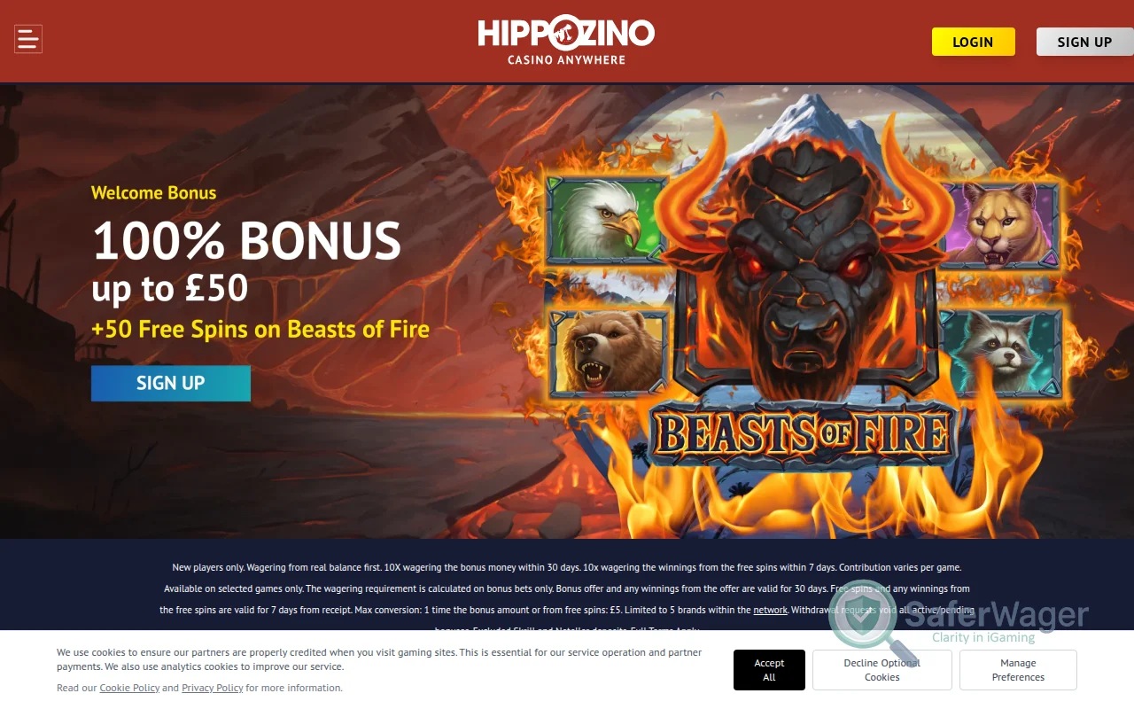 Screenshot of Hippozino Casino website