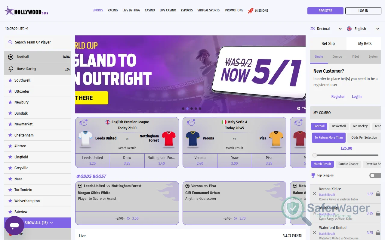 Screenshot of Hollywoodbets UK website