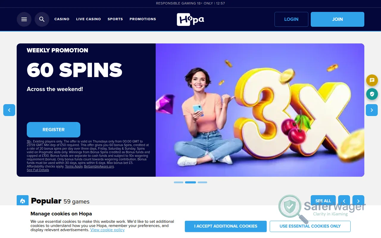 Screenshot of Hopa Casino website