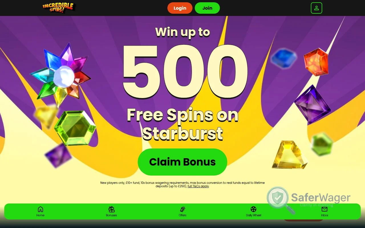 Screenshot of Incredible Spins website