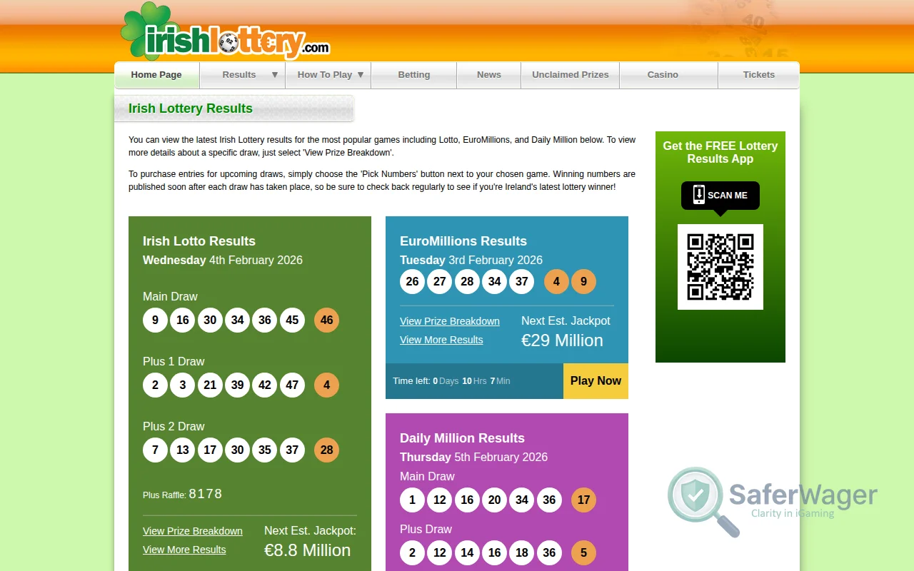 Screenshot of Irish Lottery website