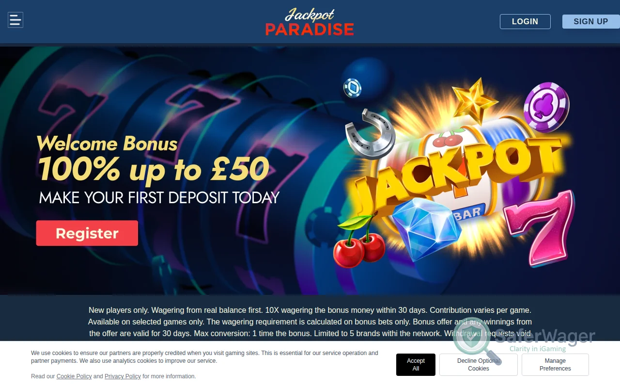 Screenshot of Jackpot Paradise website