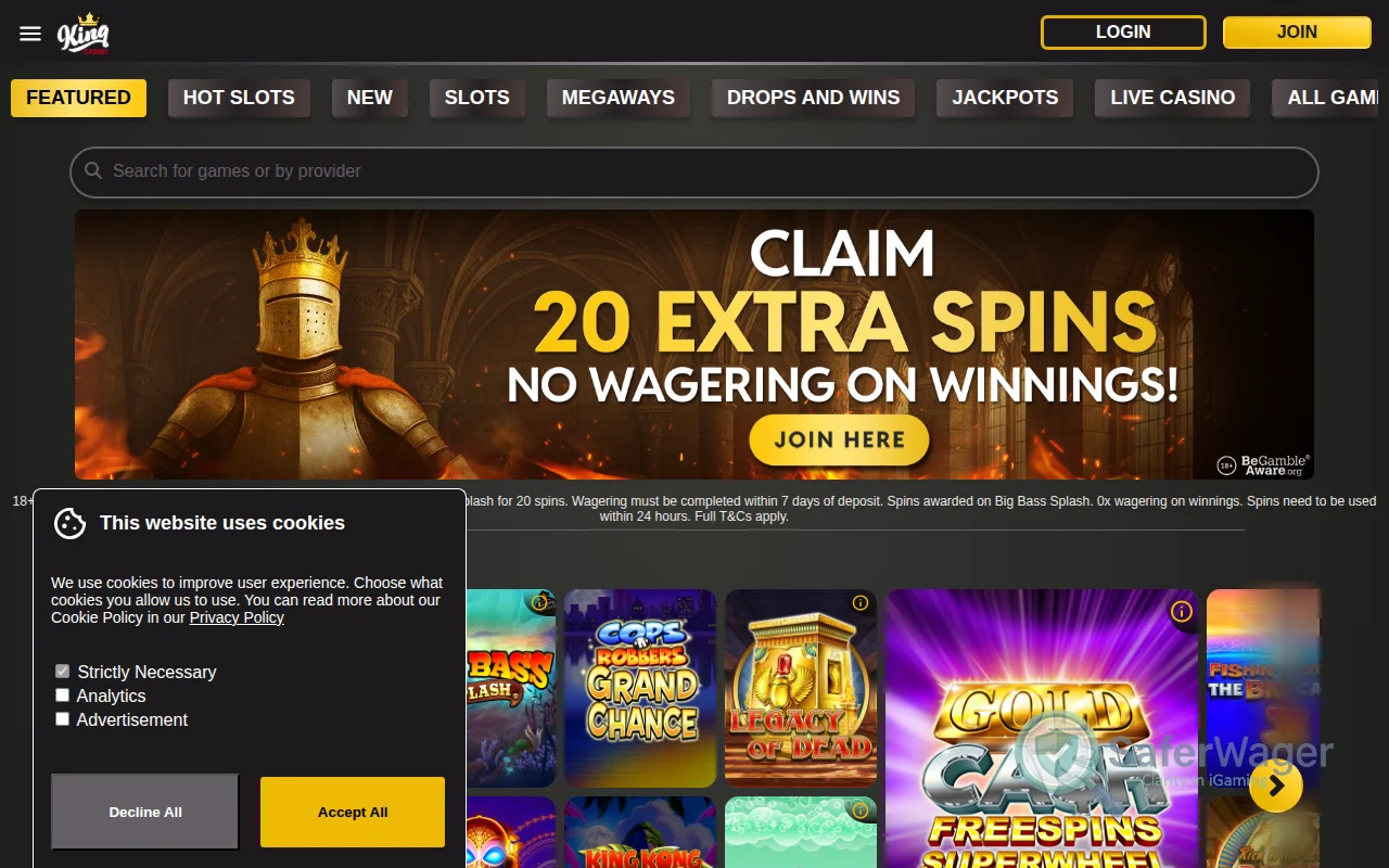 Screenshot of King Casino website