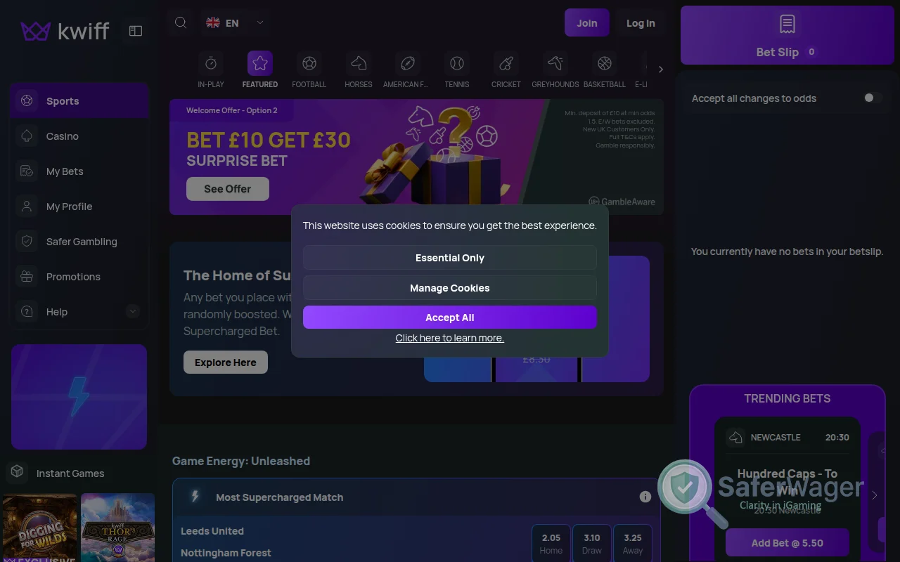 Screenshot of Kwiff Casino website